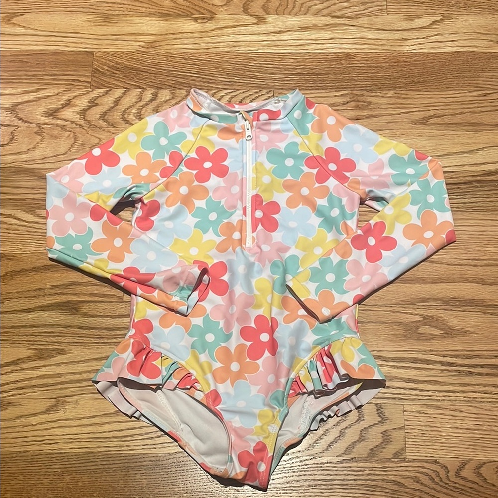 Pink and Orange One Piece Long Sleeve Swimsuit